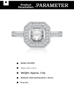 Macro detail of octagon halo ring with S925 sterling silver and micro-pave cubic zirconia