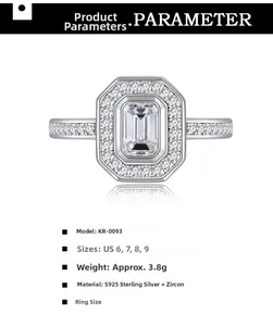 Macro detail of S925 sterling silver ring with halo pavé setting and rectangle zircon