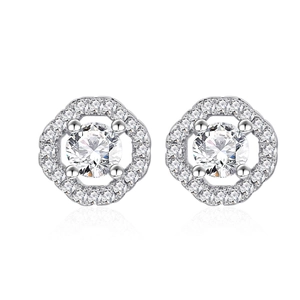Elegant S925 sterling silver halo stud earrings with round cut diamond-like stones