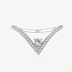 S925 Sterling Silver V-Shape Waterdrop Zirconia Ring For Women Elegant Micro Inlaid Pave Rhinestone Finger Jewelry Gift