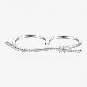 S925 Sterling Silver Double Finger Ring Pave Rhinestone Star Wave Interlinked Open Ring For Women Original Design Jewelry Gift