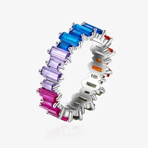 925 Sterling Silver Rainbow Zirconia Eternity Ring For Women Baguette Cut Multi Color Colorful Anniversary Wedding Band