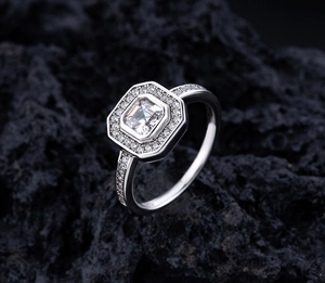 Close-up of square zircon and pavé diamonds on a S925 sterling silver ring