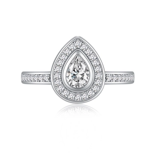 Elegant S925 sterling silver pear cut halo ring with pave set cubic zirconia stones