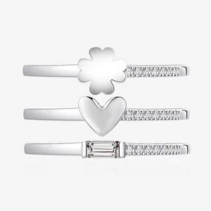925 Sterling Silver Clover Heart Rectangular Rhinestone Ring Set For Women Layering Stackable Fashion Jewelry Finger Rings