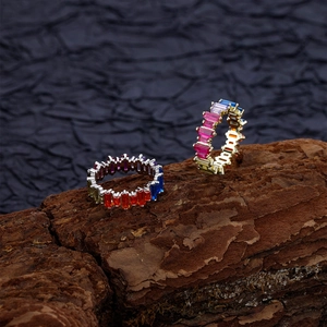 S925 sterling silver eternity rings with colorful rectangle-cut cubic zirconia crystals