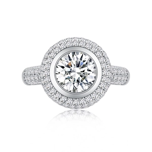 Lussuoso anello halo in argento sterling S925 con grande diamante rotondo e pavé