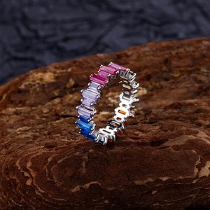 Elegant S925 sterling silver ring featuring colorful rainbow zircon stones on bark