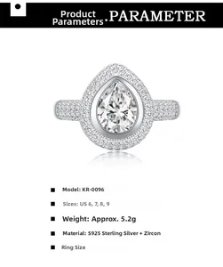 Tableau détaillé des paramètres de la bague goutte en argent 925 avec zircons