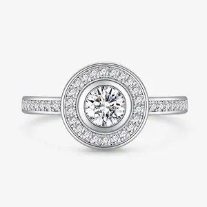 Luxurious 925 Sterling Silver Halo Ring Round Micro Pave Rhinestone Finger Ring For Women Wedding Engagement Jewelry Accessory