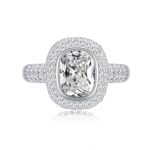 Luxury S925 sterling silver square iced out halo ring with radiant cut center stone