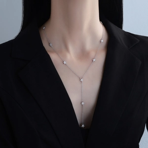 Élégant collier long en Y en argent sterling S925 avec franges d'étoiles et zircons