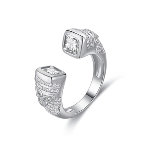 Original S925 sterling silver open ring with geometric square design and zircon stones