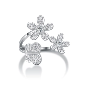 Minimalist adjustable silver ring with sparkling crystal flower and butterfly design