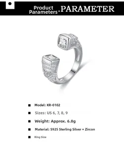 Detailed specs of S925 sterling silver open ring with zircon pavé and weight details