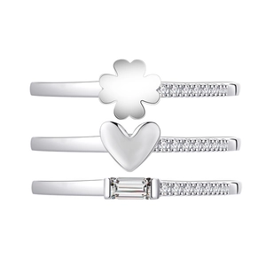 Three-piece S925 sterling silver stacking ring set with clover, heart, and rectangular stone