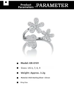 Detailed view of S925 sterling silver flower and butterfly open ring with cubic zirconia