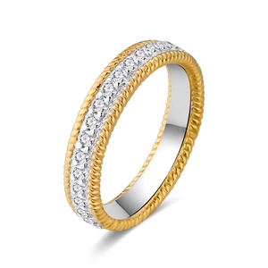 Two-tone rope edge eternity ring with sparkling cubic zirconia stones in 45-degree view