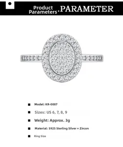 Detailed chart showing S925 silver oval ring with pavé zircon settings and US sizes