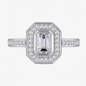 Luxury 925 Sterling Silver Emerald Cut Zirconia Halo Ring Geometric Micro Pave Inlaid Adjustable Finger Ring Jewelry For Women