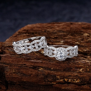 S925 sterling silver garden ring set with micro-pave diamonds on a rustic wood base