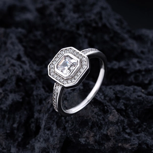 Square halo S925 sterling silver ring with micro-pave diamonds and emerald cut stone