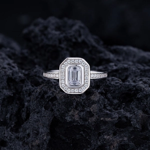 Elegant emerald cut halo engagement ring in S925 sterling silver with pavé setting