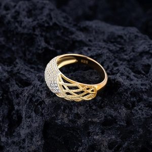 Macro shot of S925 sterling silver gold plated ring with micro-pave cubic zirconia stones