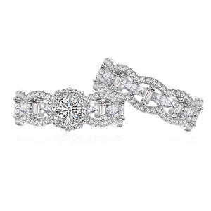 S925 sterling silver halo wedding ring set with micro-paved cubic zirconia accents