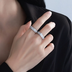 Stackable S925 sterling silver ring set with round and rectangular cubic zirconia diamonds