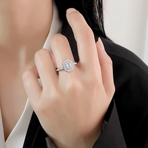 S925 sterling silver emerald cut ring with double halo pave diamond setting worn by model