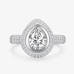 Bague Hip Hop en Argent Sterling 925 Forme Poire Incrustée de Strass Halo Brillant Bague Goutte d'Eau pour Bijoux Unisexe
