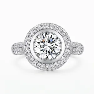 Anello Tondo Doppio Halo in Argento Sterling S925 per Donna Lusso Hip Hop Pavé di Strass Anello Gioielli Statement