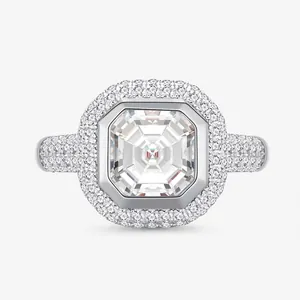 Bague en Argent Sterling S925 Coupe Émeraude Carrée Halo Pavé Strass pour Femmes Hip Hop Bijoux de Fête Luxueux
