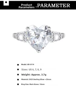 Détail d'une bague coeur en argent S925 avec pierre zircon de 10mm et dimensions