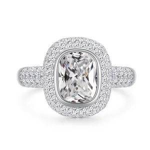 Hip Hop 925 Sterling Silver Ring Cushion Cut Zirconia Double Halo Pave Band Luxury Engagement Wedding Band Jewelry For Unisex