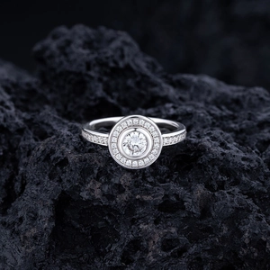 Sparkling S925 sterling silver halo ring featuring round micro-pave diamonds on volcanic rock