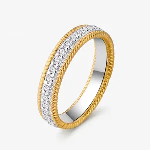 925 Sterling Silver Zirconia Ring For Women Gold Plated Twist Rope Edge Pave Round White Gemstone Fashion Jewelry Gift