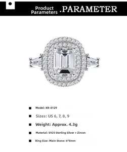 Detailed view of S925 silver ring featuring emerald cut cubic zirconia with dimensions