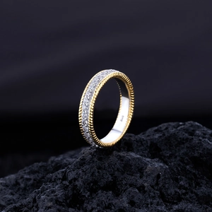 S925 sterling silver ring with gold twisted rope edge and pavé diamonds on lava stone