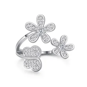 925 Sterling Silver Butterfly Flower Pave Rhinestone Open Adjustable Ring For Women Irregular Petal Jewelry Elegant Gift
