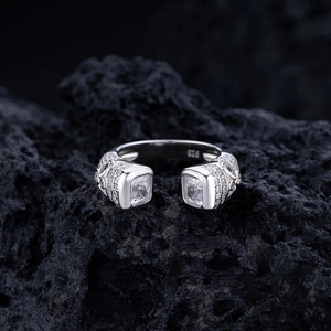 S925 sterling silver open ring with double square zircons on black volcanic rock