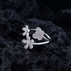 Sterling silver irregular petal and butterfly ring with micro-pave cubic zirconia crystals
