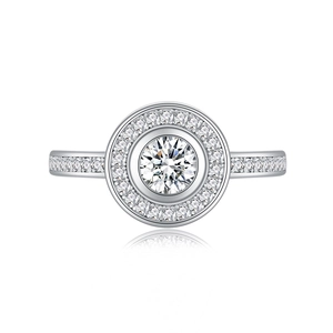 Classic round halo S925 sterling silver ring with micro-paved brilliant diamonds