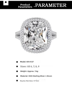 Détail macro de la bague en argent S925 avec un grand zircon taille coussin de 12x14mm
