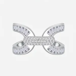 Anello in Argento Sterling 925 Forma a H Geometrica per Donna Pavé Strass Pietra Baguette Lussuoso Anello da Dito Gioielli