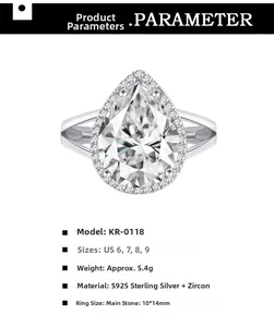 Detail view of pear cut water drop cubic zirconia ring with S925 silver specs