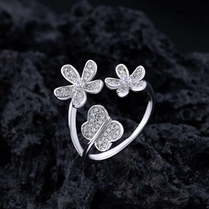 Irregular silver petal and butterfly open ring with cubic zirconia micro-pave setting