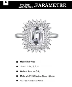 Detailed view of emerald cut zircon ring with S925 silver pavé halo and product specs