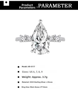 Detailed view of S925 sterling silver ring with large pear shaped cubic zirconia stone